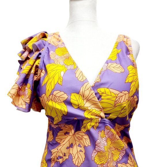 Floral One-Shoulder Ruffled Swimsuit V Neckline Yellow Lavender Womens Size XL - Picture 9 of 15